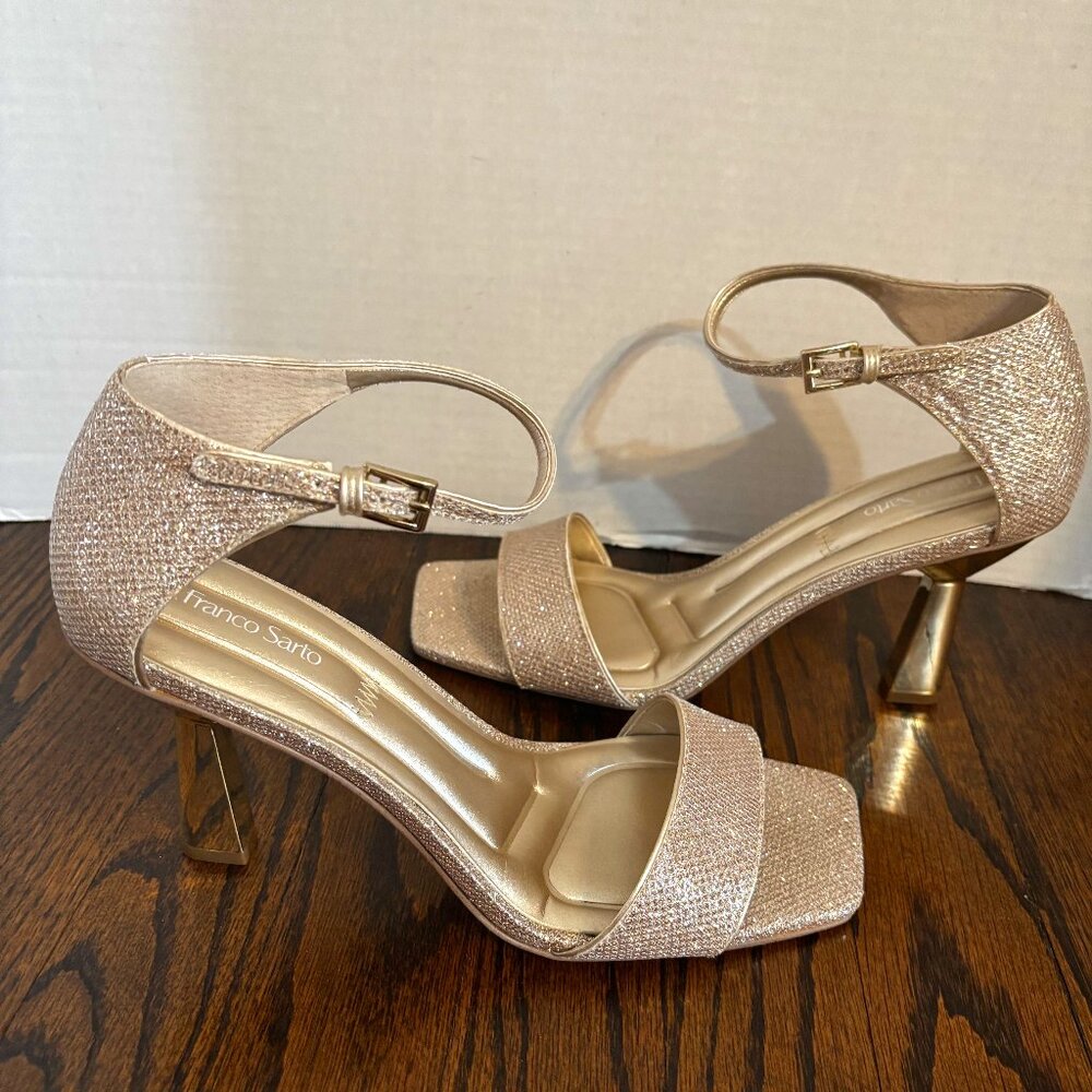 Franco Sarto Women's L-Remedy Ankle Strap Heeled Sandals Pale Gold SZ: 9